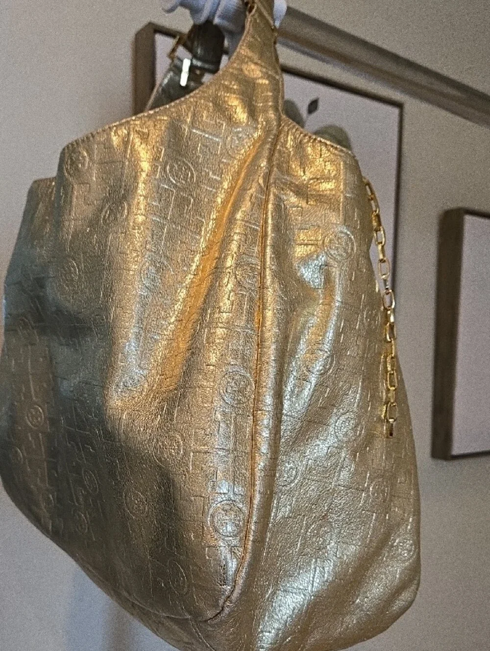 Tory Burch Xlarge Metallic Gold Embossed Leather Hobo Satchel Like New